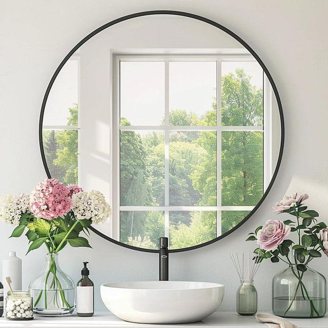 Mfring Black Round Mirror, Black Round Mirror 24 inch, Metal Frame, Circle Wall Mounted Mirrors for Bathroom, Living Room, Bedroom, Entryway, Vanity