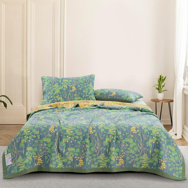 Purefair 100% Cotton Muslin Botanical Blanket Jacquard Floral Plants Pattern Quilt, Soft Bed Cover Lightweight Breathable Gauzy Reversible Bedspread Coverlet Bedding King(98"x94"), No Pillow Sham