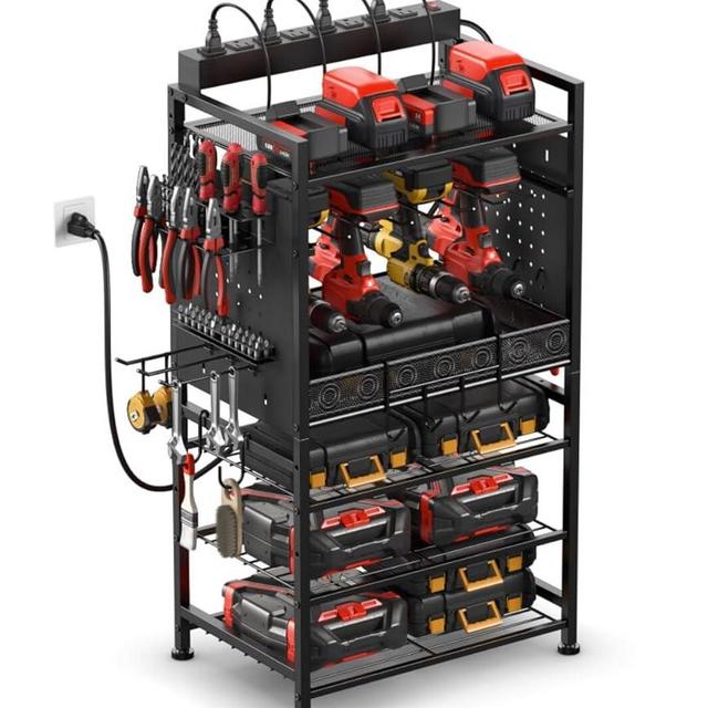 JUNNUJ Power Tool Organizer Floor Stand with Charging Station, Garage Adjustable Storage Rack Utility Tool Shelf with 8 Outlet 10 FT Power Strip, Heavy Duty Drill and Battery Holder