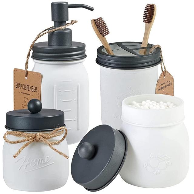 Mason Jar Bathroom Accessories Set (4 Pack)—White Retro Mason Jar Lotion Soap Dispenser&2 Apothecary Jars&Toothbrush Holder- Rustic Farmhouse ,Bathroom Home Decor ,Countertop Vanity Organizer (Grey)