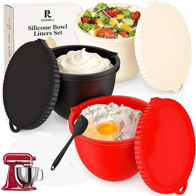 RAVONELLI Silicone Mixing Bowl Liners – for KitchenAid 4.5–5 QT Tilt-Head Mixers, Stand Mixer Bowl Liners Set (4-Pack) with Lids & Spatula