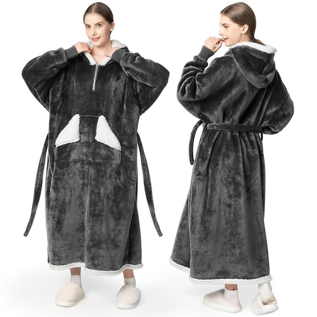 Touchat Wearable Blanket Hoodie as Gifts for Women and Men,Warm and Cozy Large Blanket Sweatshirt,Thick&Long Sherpa Fleece Hooded Blanket with Oversize Pocket and Belt, Winter Gifts,Standard- Grey