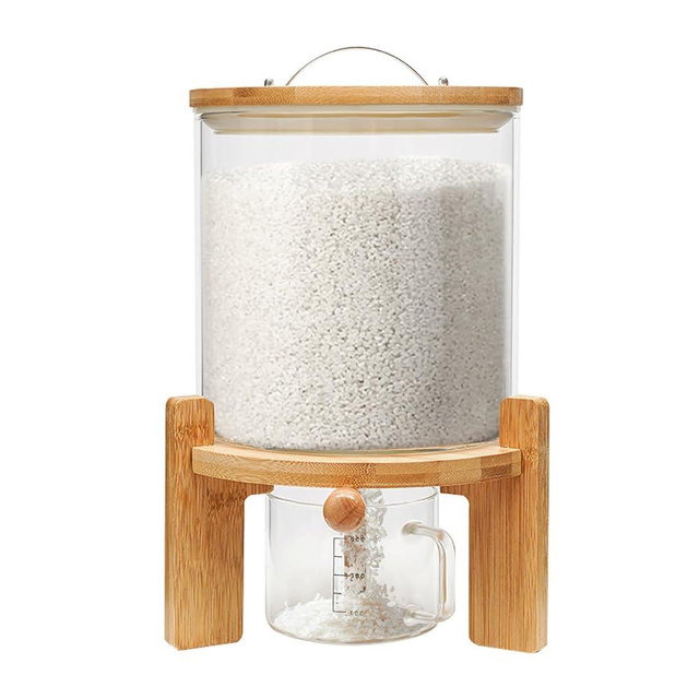 MSAIERPLR Glass Rice Dispenser, Flour and Cereal Container with Airtight Lid, Wooden Stand and Measuring Cup, Food Storge Container for Kitchen Organization and Pantry Store(5L)