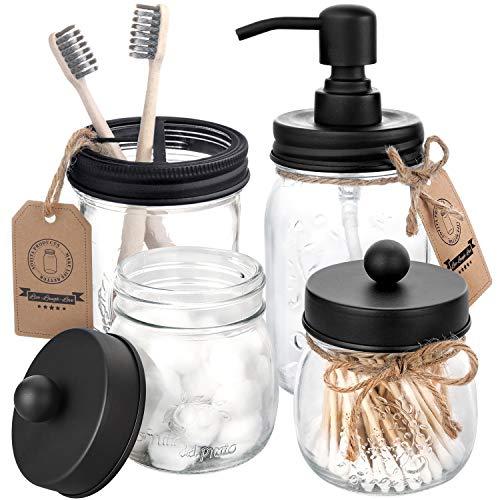 AOZITA Mason Jar Bathroom Accessories Set 4 Pcs - Mason Jar Soap Dispenser & 2 Apothecary Jars & Toothbrush Holder - Rustic Farmhouse Decor Bathroom Countertop, Vanity Organize, Black