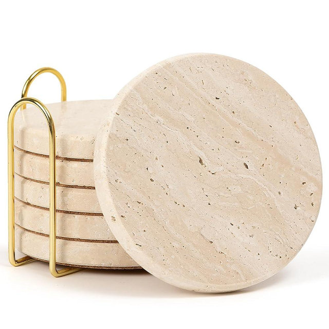YONGHEE Set of 6 Travertine Marble Coasters with Holder, Elegant Rustic Farmhouse Table Accent, Neutral Warm Beige Stone Drink Coasters for Any Home Decor, Gift Boxed for Housewarming Wedding Hostess