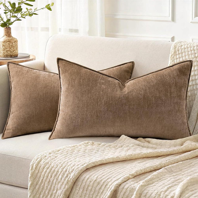 decorUhome Spring Couch Throw Pillow Covers 12x20 Set of 2, Decorative Soft Velvet Neutral Chenille Lumbar Pillow Covers with Elegant Design for Sofa Bed Living Room Home Decor, Brown