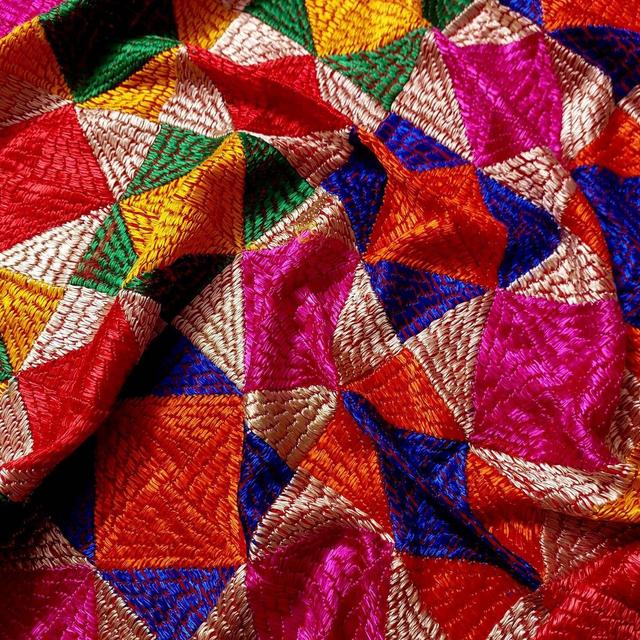 Vintage Handmade Geometric Phulkari Dupatta | Traditional Punjabi Embroidery Stole Multicolor Ethnic Wrap for Weddings, Gifts and Festivals