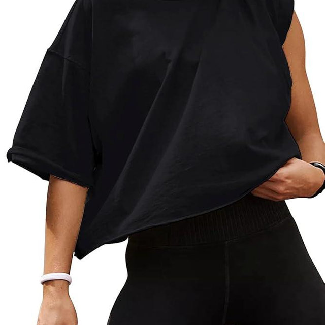 Women's Oversize Workout Crop Tops Casual Short Sleeve Drop Shoulder Boxy T-Shirts Roll Hem Basic Loose Yoga Running Tees