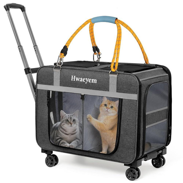 Extra Large Pet Cat Carrier with Wheels, Pet Carrier for 2 Cats or Medium Dog, 24" X 15" X 17" Portable Dog Cat Crate for Large Cat, Support up to 40 Lbs, Grey