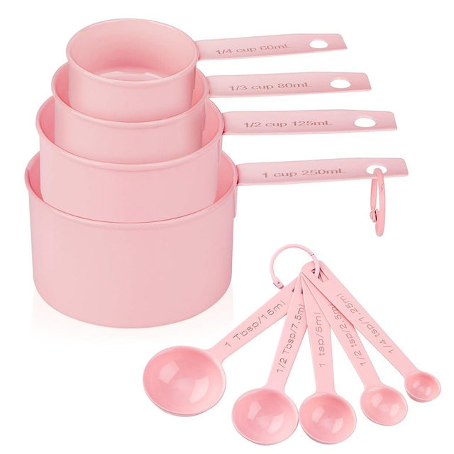 Muchtolove Measuring Cups and Spoons Set of 9, Stainless Steel Measuring cup for Cooking and Baking, Measuring spoons for Dry and Liquid Ingredients (Pink)
