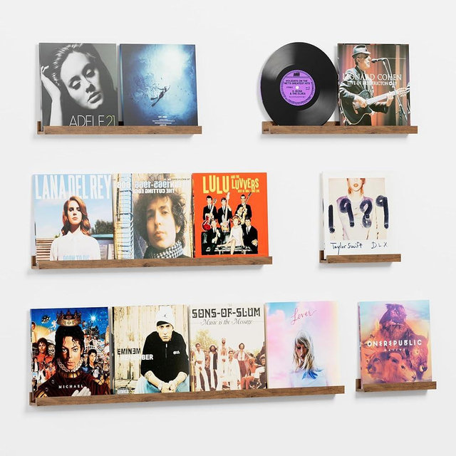 Vinyl Record Shelf Wall Mount, 6PC Album Record Holder Display, Wood Floating Shelves, Wood Ledges for Wall, 0ffice Wall Shelves, Album Shelves, Magazine Rack Walnut - 1x48In, 1x36In, 2x24In & 2x12In