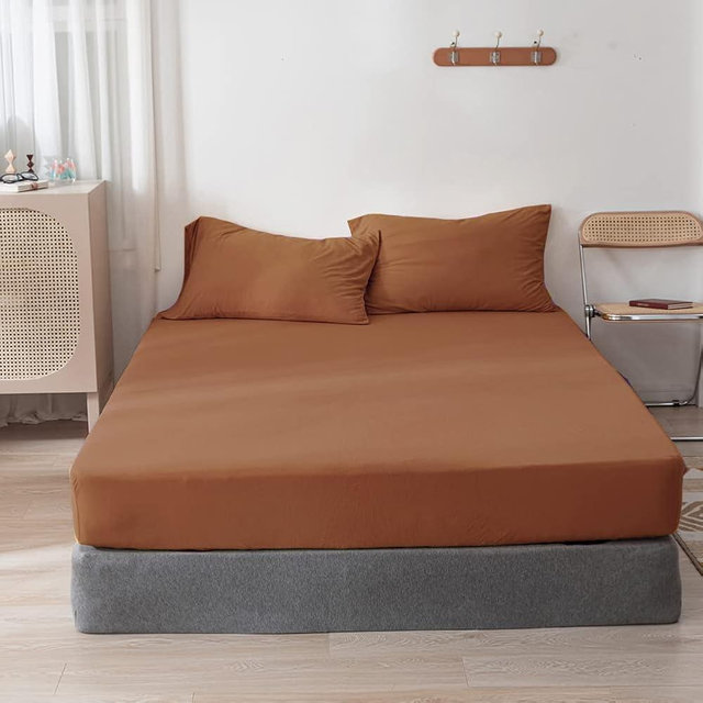 DONEUS Jersey Knit Cotton Fitted Sheet 3 Piece - Ultra Soft, Wrinkle Free and Breathable, 15 Inches Deep Pocket Elastic Sheets with 2 Pillowcases, Solid Burnt Orange Queen