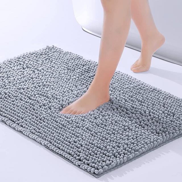 FRESHMINT Chenille Bathroom Rugs Non-Slip Bath Mat 24”x16.5“, Washable Soft Shower Mat, for Bathroom Floor & Tub Fluffy Shag Bath Rugs, Durable Thick Water Absorbent Microfiber Shower Rugs, Ltgrey