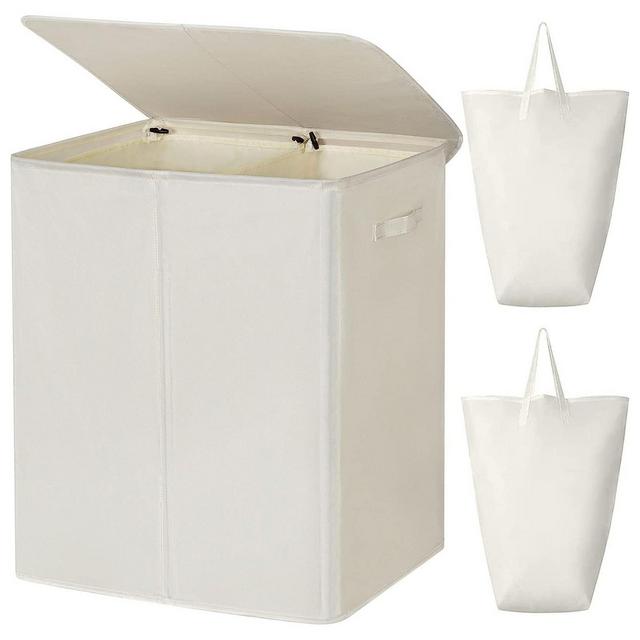 WOWLIVE 154-Liter Fabric 2-Section Collapsible Double Laundry Basket Storage Hamper with Lid and Removable Bags for Bedroom, Dorm, and Bathroom, Beige