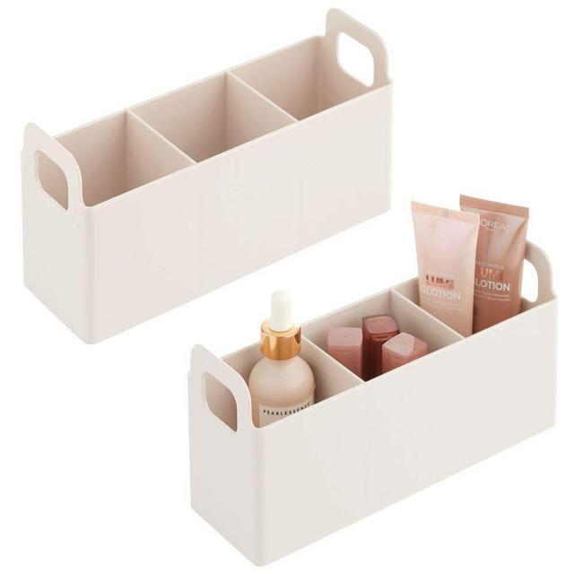 mDesign Plastic Bathroom Vanity, Cabinet, Countertop Cosmetic Organizer Storage Station Makeup Holder - Holds Eyeshadow Palettes, Nail Polish, Makeup, Blenders, Lip Gloss, 2 Pack - Cream/Beige