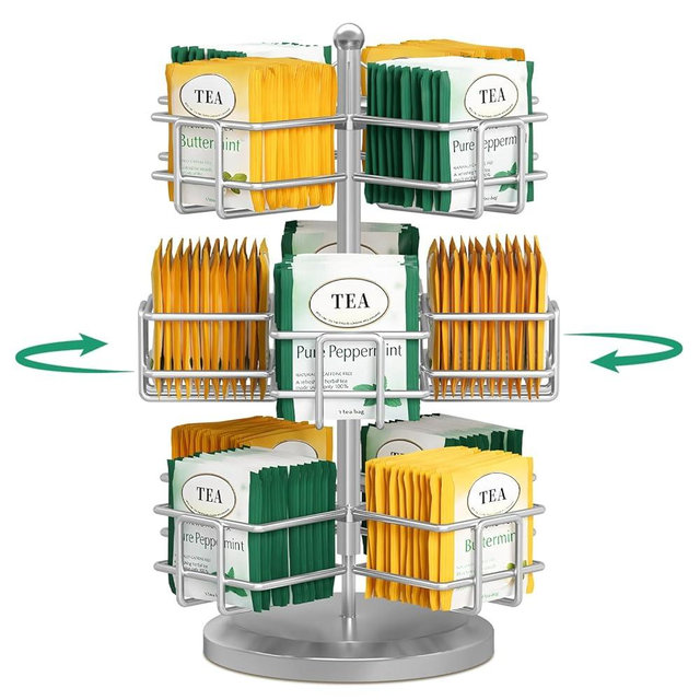 EsLuker.ly Tea Bag Holder Organizer for Counter 3 Tier Metal Tea Bag Storage Rack, Spinning Carousel Tea Packet Display Stand, Tea Organizer Station with Easy Access for Kitchen Office, Silver