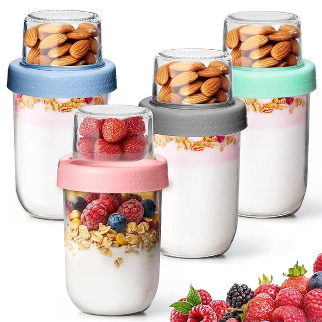 KTMAMA 4 Pack 16 OZ Overnight Oats Containers with Lids, Dual-Layer Glass Meal Prep with Dry and Wet Separation, Airtight Food Jars for Oatmeal Yogurt Parfait Cups Cereal Nut Fruit (4)