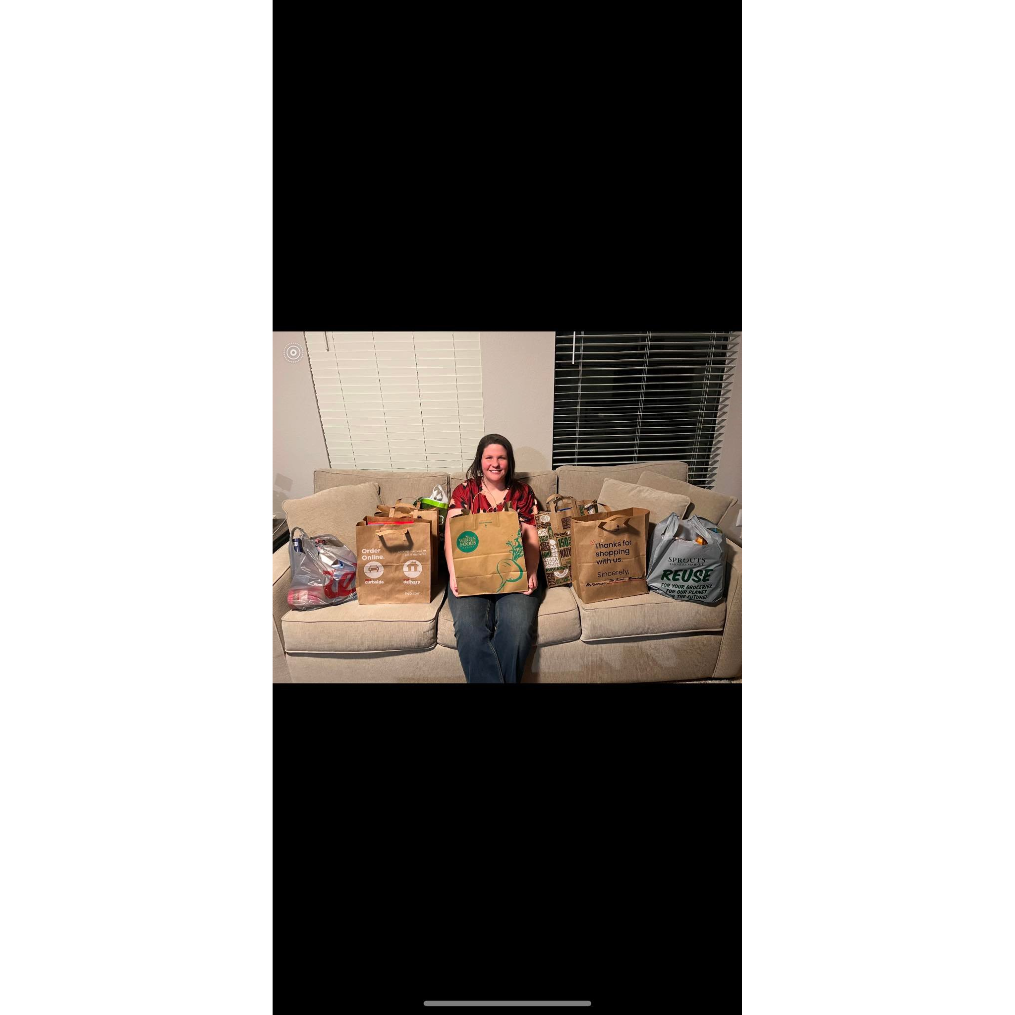 Brandon and I bought groceries to donate to CTFB, and used the bags from those groceries to make my beard for the craft/fantasy competition. This is me with everything we bought.