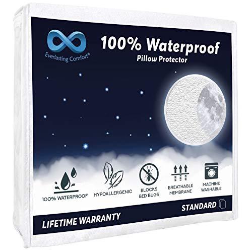 Everlasting Comfort 100% Waterproof Pillow Protector, Hypoallergenic Pillow Covers, Breathable Membrane, Lifetime Replacement Guarantee (Standard, 2-Pack)