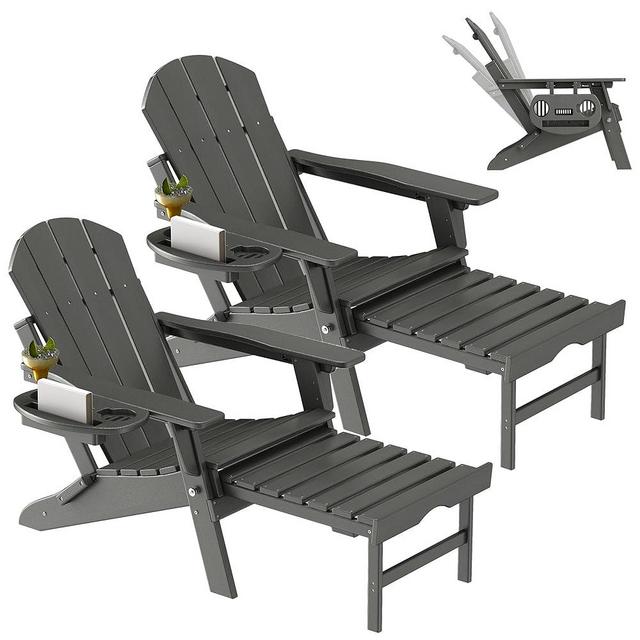 NAVINE Adjustable Adirondack Chair with Retractable Ottoman Set of 2, HDPE Folding Adirondack Chair with Cup Holder, All Weather Fire Pit Chair for Outdoor.