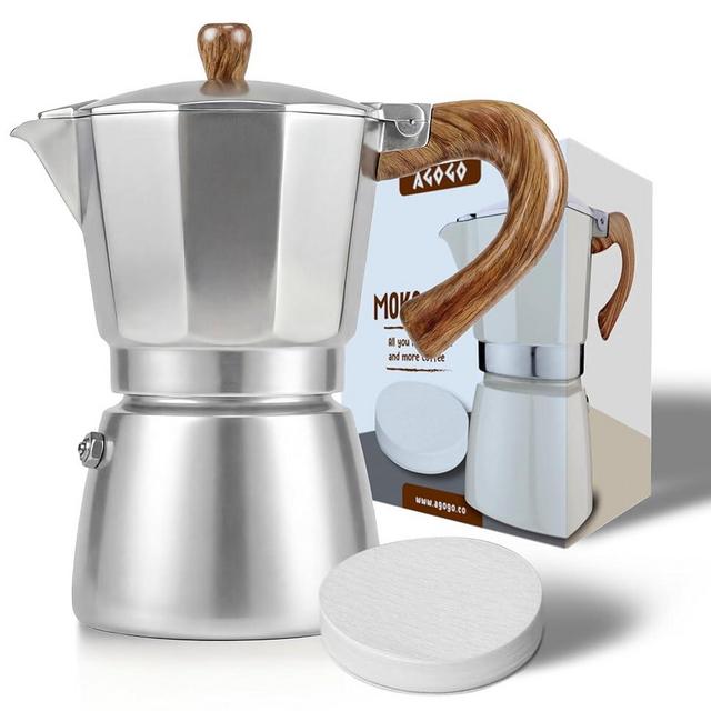AGOGO Milano Moka Pot Stovetop Espresso Maker with 100 Paper Filters for Sediment-Free Coffee, Classic Italian Greca with Wood-Grain Handle,Cleaning Brush & Towel 6 Cup (10oz / 300ml) Silver