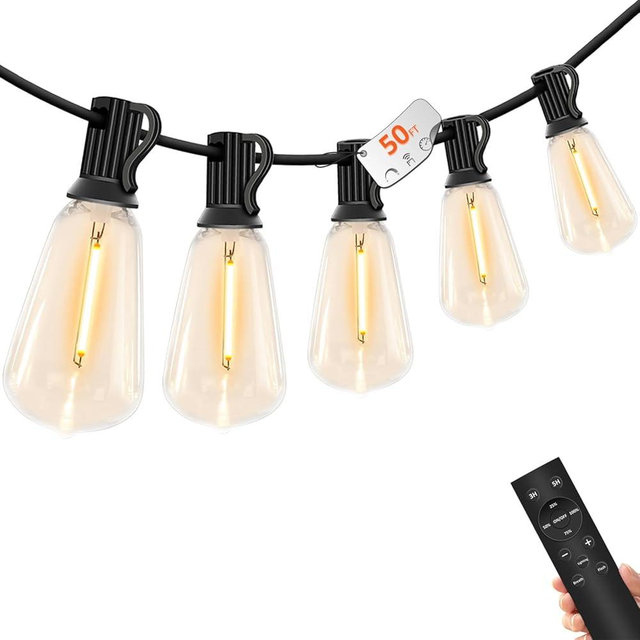 YOYONACY 50 FT Outdoor String Lights - LED Waterproof Patio Lights with Dimmer Remote - Edison Bulbs for Porch, Backyard & Cafe/Bistro