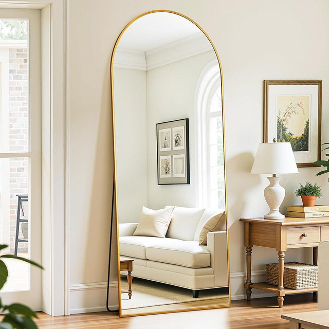LadyNow Full Length Mirror, 59"x18" Oversized Floor Mirror Freestanding, Full Body Mirror Floor Standing Mirrors with Stand, Hanging Mounted Mirrors for Bedroom Living Room, Gold, Arched Style