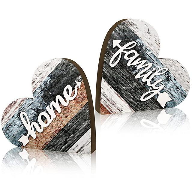 2 Pcs Rustic Wood Love Home Sign Heart Shaped Wooden Table Centerpiece Farmhouse Buffalo Plaid Family Sign for Home Living Room Kitchen dining room Table Decoration (Simple Style)