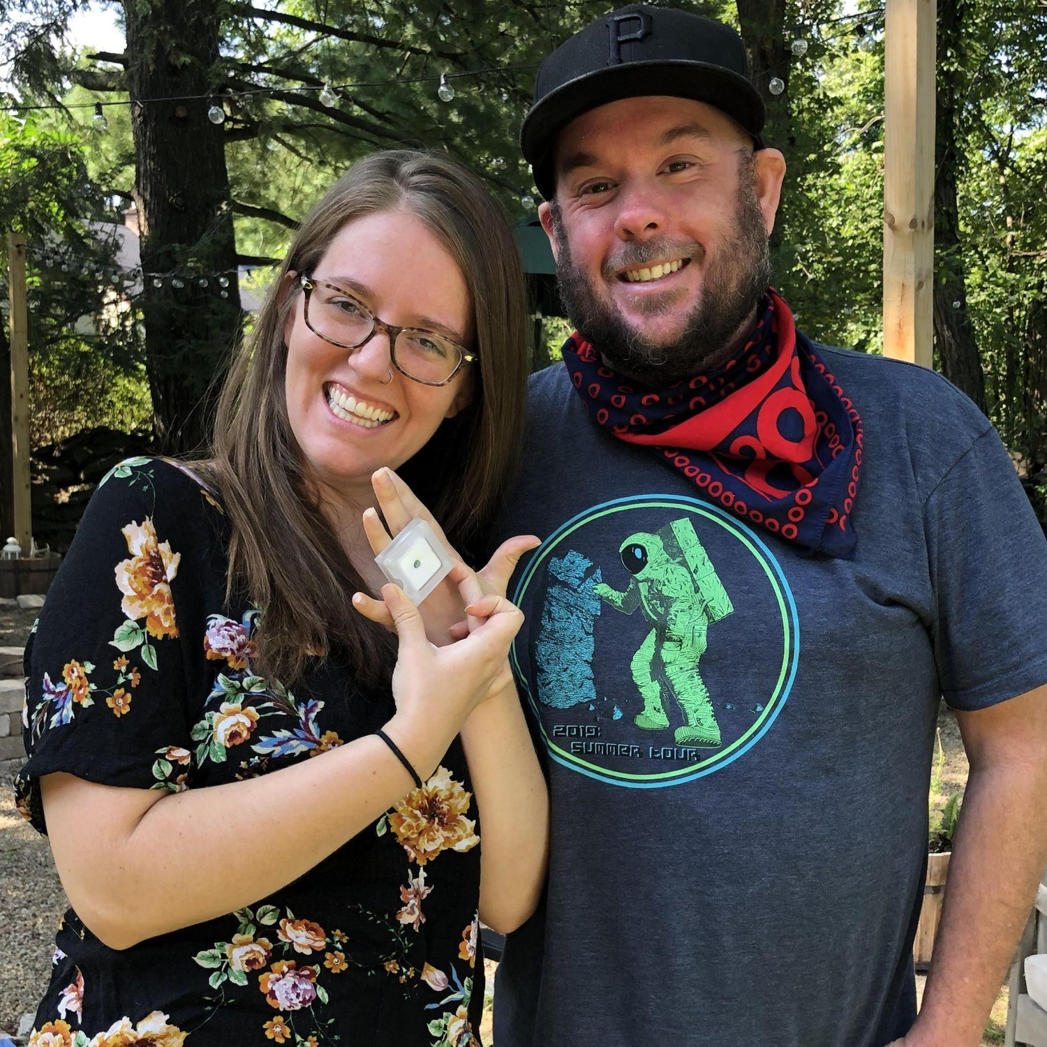 We got engaged on September 6, 2020. Kent proposed with a sapphire and then took Kristen to a jewelry shop to have a custom ring made.