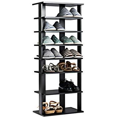Tangkula Wooden Shoes Racks, Entryway Shoes Storage Stand, Modern 7 Tiers Shoe Rack Organizer, Multi-Funcion Shoe Rack Shoe Box, Storage Shelf (Black, Double)