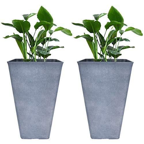 Tall Planters 26 Inch Large Flower Pots Pack 2, Indoor and Outdoor Patio Deck Resin Rectangular Planters, Gray