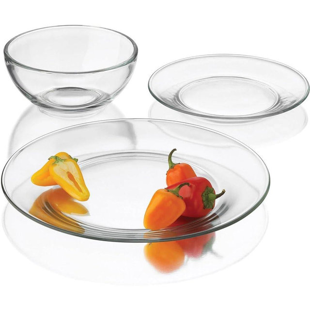 Libbey Round 12 Piece Glass Dinnerware Set, Stackable Glass Plate and Bowl Set w/Round Shape, Modern Plates and Bowls Sets for Gatherings, and Everyday Use