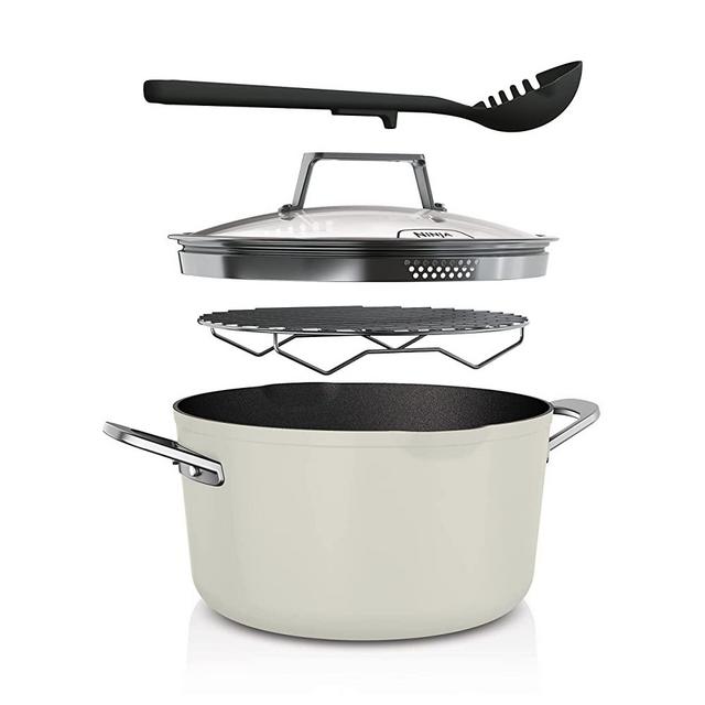 Ninja CW202WH Foodi NeverStick PossiblePot, Premium Set with 7-Quart Capacity Pot, Roasting Rack, Glass Lid & Integrated Spoon, Nonstick, Durable & Oven Safe to 500°F, Vanilla Bean