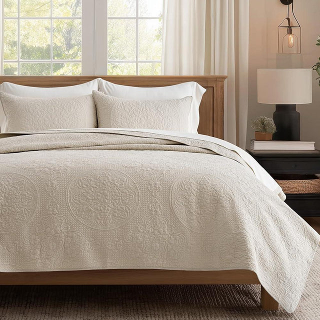 EVERGRACE Medallion Stitch Cotton Quilt Set Queen Size, 3-Piece 100% Cotton Quilted Bedspread Coverlet Bedding Set with Pillow Shams, Oversized Lightweight Soft & Breathable All-Season, Birch | Medallion Stitch, 100% Cotton, Pre Washed, Oeko-Tex Certified, Skin Friendly, Lightweight