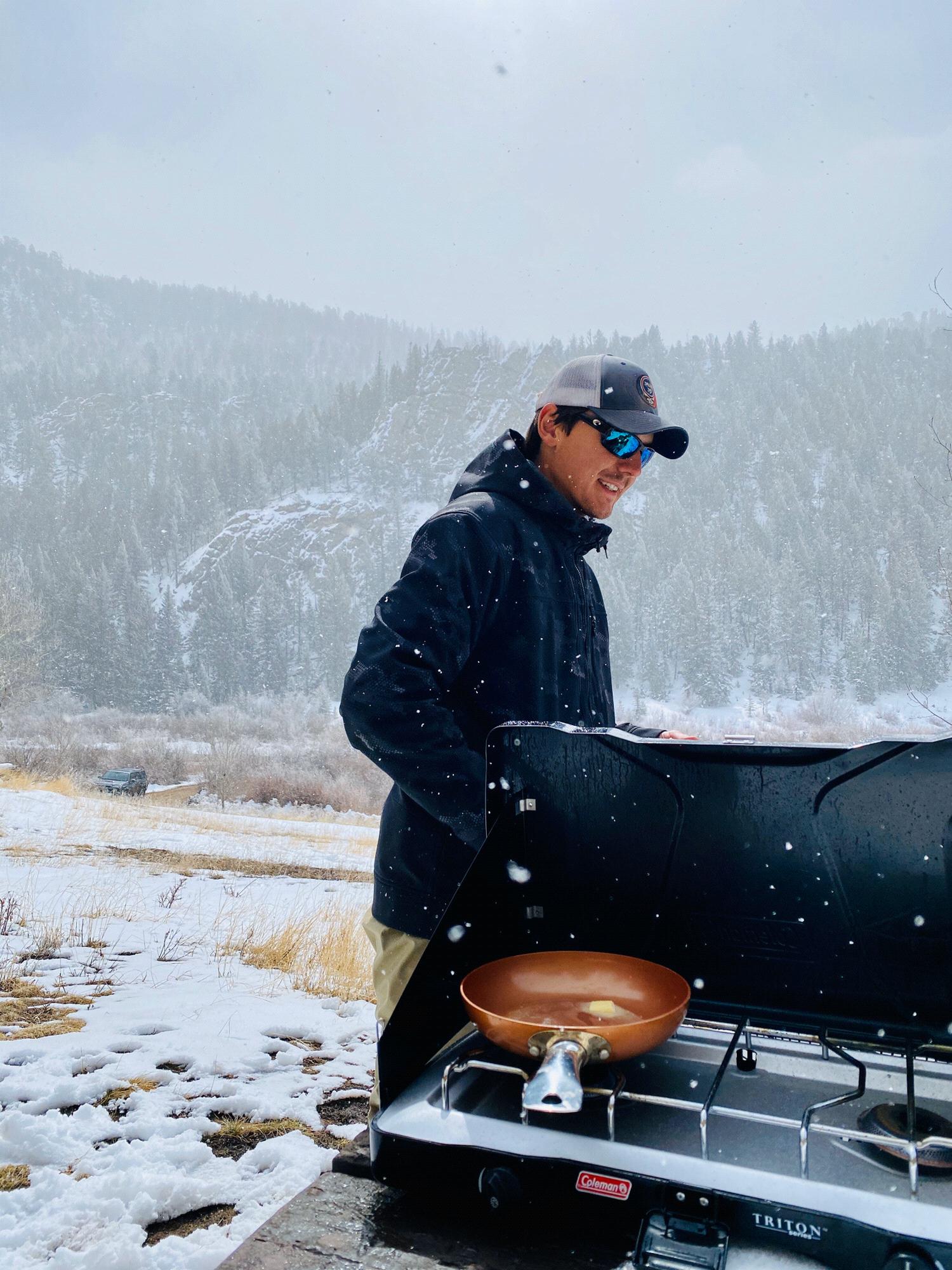 We got caught in the middle of a snow storm after fishing one afternoon, but we always make time for cooking good food.