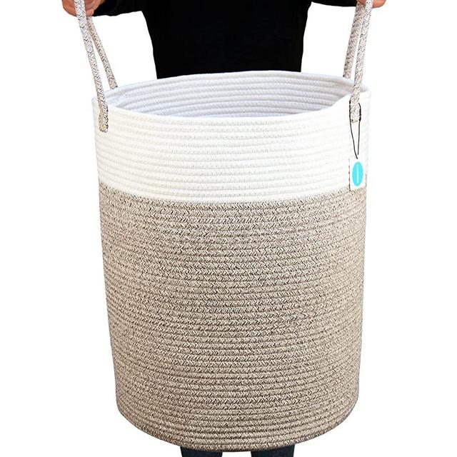 Casaphoria Large Cotton Rope Laundry Hamper, 58L - Woven Collapsible Laundry Basket - Clothes Storage Basket for Blankets, Laundry Room Organizing（pack of 1) White & Brown MB2021016