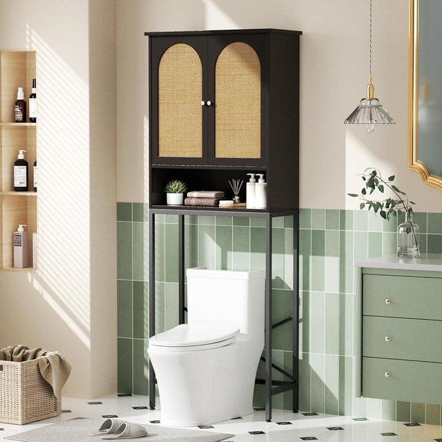 Rattan Toilet Storage Cabinet, Over The Rack Wood Cabinet with Metal Stand, Bathroom Organizer with Adjustable Shelf, Tall Freestanding Washer Shelf, Small Cupboard, Space Saver, Natural style, Black