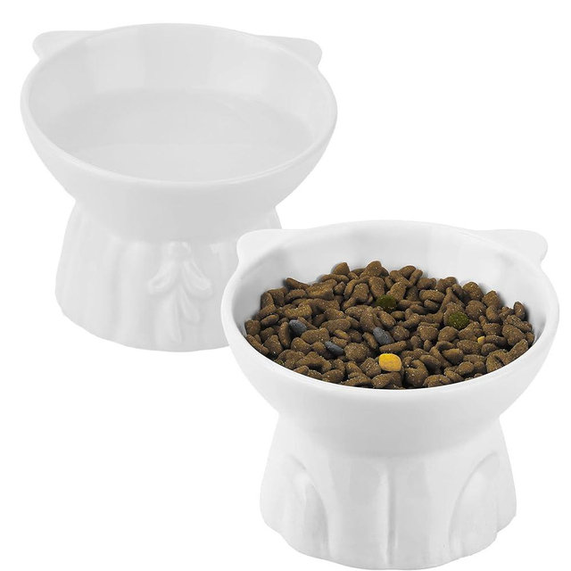 2Pcs Ceramic Elevated Cat Bowls, Extra Wide Raised Cat Bowls for Food and Water, Shallow Cat Food Dish Whisker Friendly, Anti Vomit Cat Bowl Microwave and Dishwasher Safe, Great Height for Cat (White)