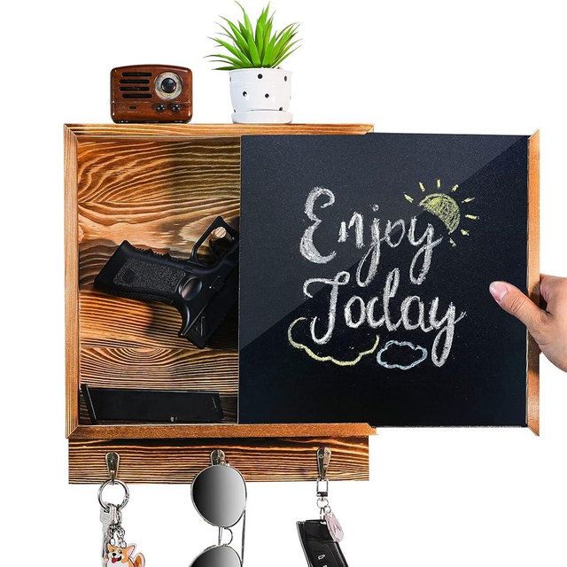 MOCAS Hidden Gun Storage, Hidden Wall Gun Safe Pistol Rack Shelf with 3 Hooks for Secret Decor Concealment Furniture, Art Storage Cabinet Wooden Storage Shelves Indoor Picture Frame
