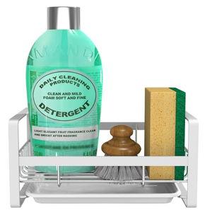 VANTEN Kitchen Sink Caddy - Silver Sink Organizer, Sponge/Soap Dish Dispenser with Brush Holder, Adhesive/Countertop Mount