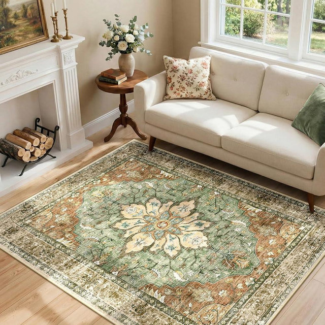 RELEANY Area Rugs 4'x6' Washable Non-Slip, Floral Vintage Distress Print Pattern Medallion Carpet for Living Room Bedroom Dining Room, Brick Red Rust Neutral Brown Burnt Orange Green
