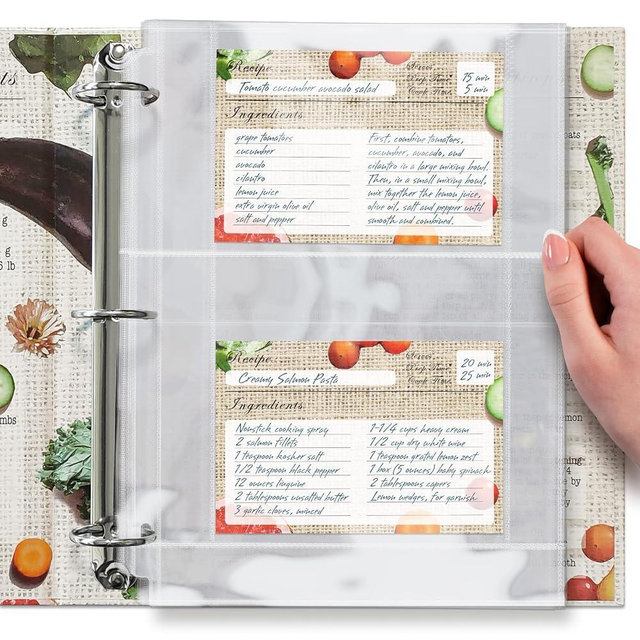 200 Pockets Full Size 4x6 for 8.5x11 (Pack of 100) Recipe Card Protectors Top-Loading Crystal Clear Recipe Card Sleeves with 2 Pockets for 3 Ring Binder, Plastic Index Card Protector for Cookbook