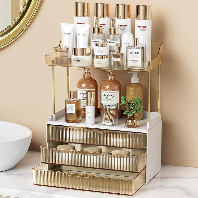 Bathroom Organizers and Storage, Makeup Organizer (Sturdy Durable Attractive), Ideal for Vanity, Countertop, Counter, Perfume, Skincare, Cabinet, Cosmetic, Dresser Organizer (Gold)