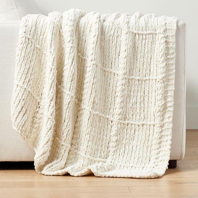 Chenille Windowpane Throw Blanket, 50" x 60", Ivory