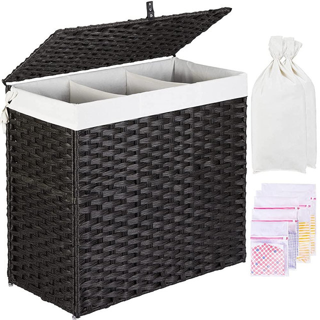 GREENSTELL Laundry Hamper with Lid, 125L Large 3 Sections Clothes Hamper with 2 Removable Liner Bags & 5 Mesh Laundry Bags, Handwoven Synthetic Rattan Divided Laundry Basket for Clothes, Toys Black