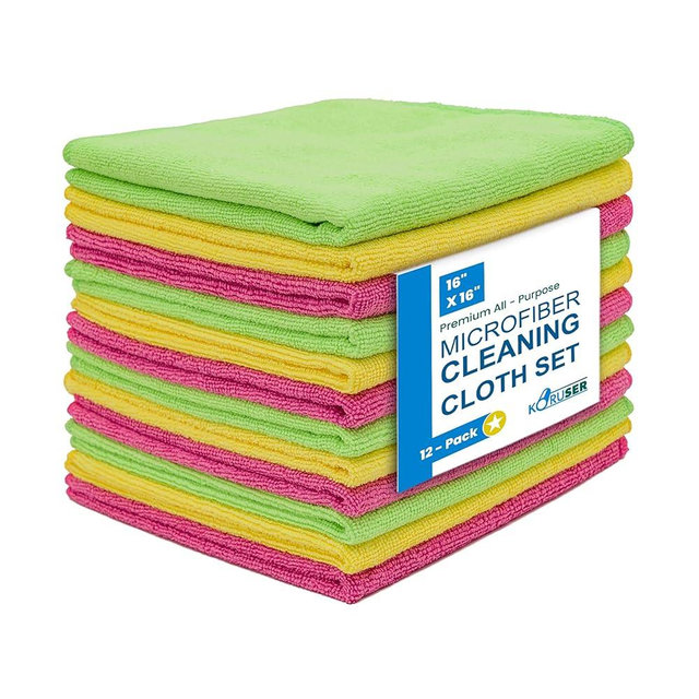 KORUSER Microfiber Cleaning Cloths - Reusable and Washable - Multi Purpose Indoor/Outdoor Cleaning/Dusting/Polishing on Kitchen/Bathroom/Auto Surfaces (12 Pack/High Grammage)
