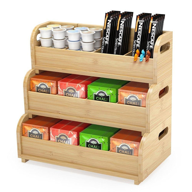 Wisuce Home Tea Bag Organizer Storage Holder- Bamboo Countertop Teabag Display Rack 3-Tier Stackable Wall Mount Large Capacity for Pantry Kitchen Office Coffee Station (Natural)
