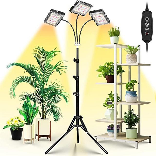 LBW Grow Light with Stand, Tri-Head LED Plant Light for Indoor Plants, Full Spectrum 150 LEDs Grow Lamp, 3/6/12H Timer, 6 Dimmable Levels, 3 Switch Modes, Adjustable Tripod Stand 15-63 inches