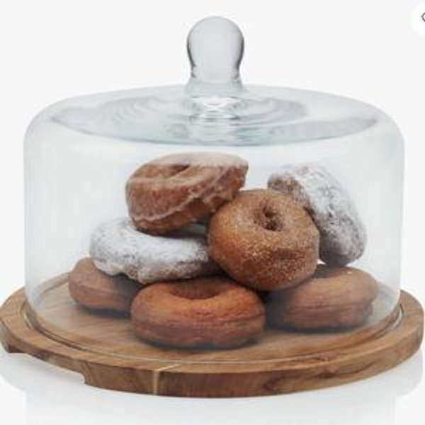 Libbey Round Wood Server Cake Stand with Glass Dome