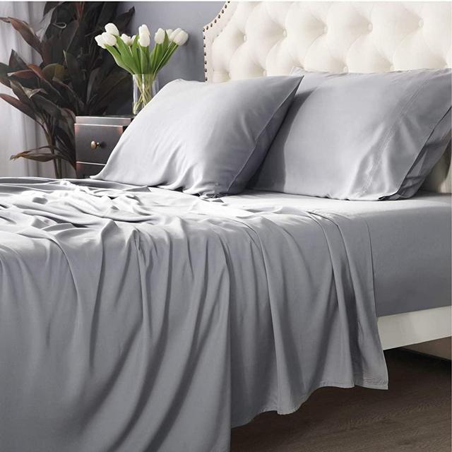 Bedsure 100% Bamboo Sheets King Size Cooling Sheets Deep Pocket Bed Sheets-Super Soft Hypoallergenic,Breathable - 4 Pieces 1 Fitted Sheet with 16 Inches, 1 Flat Sheet, 2 Pillowcases-Light Grey